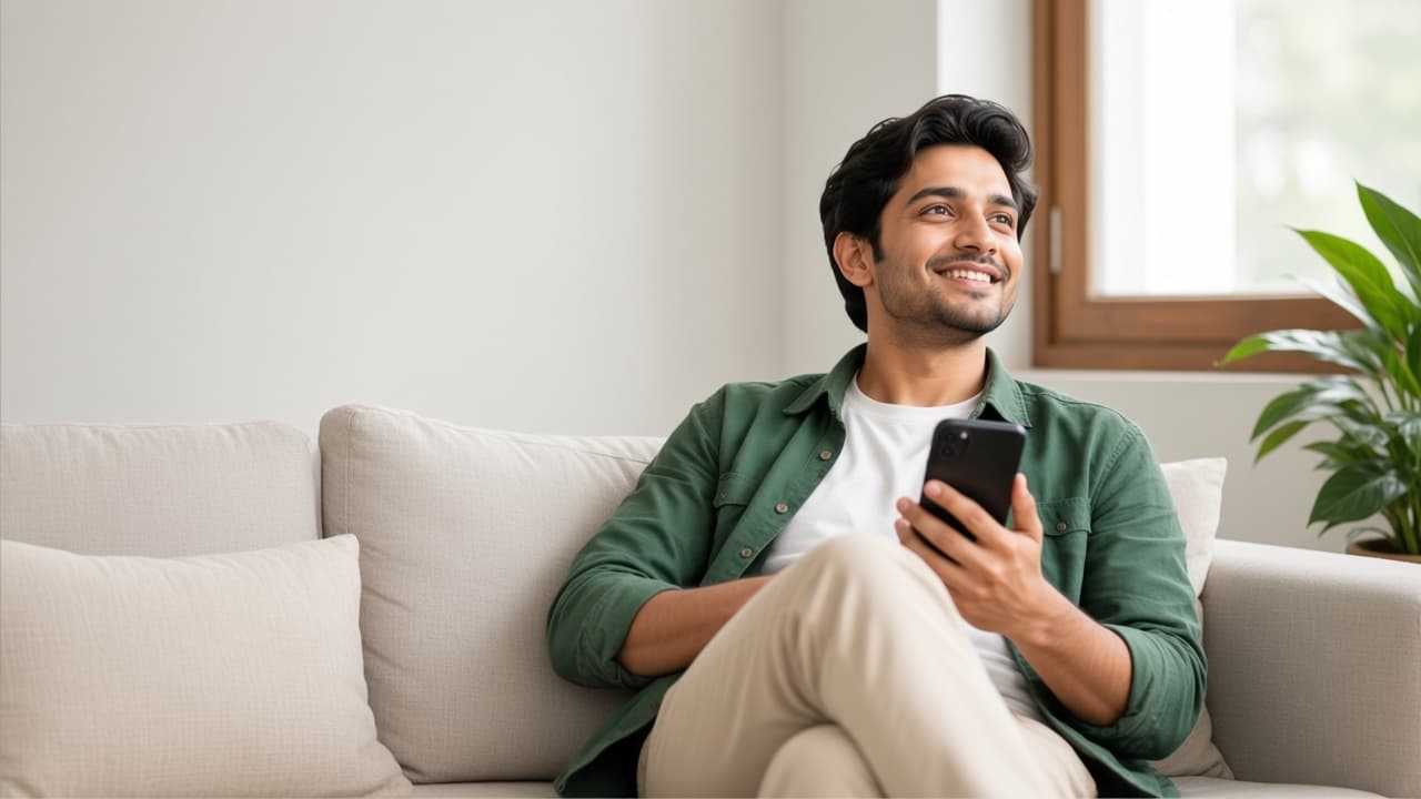 A young man sitting on a sofa with a phone in a bright home.
