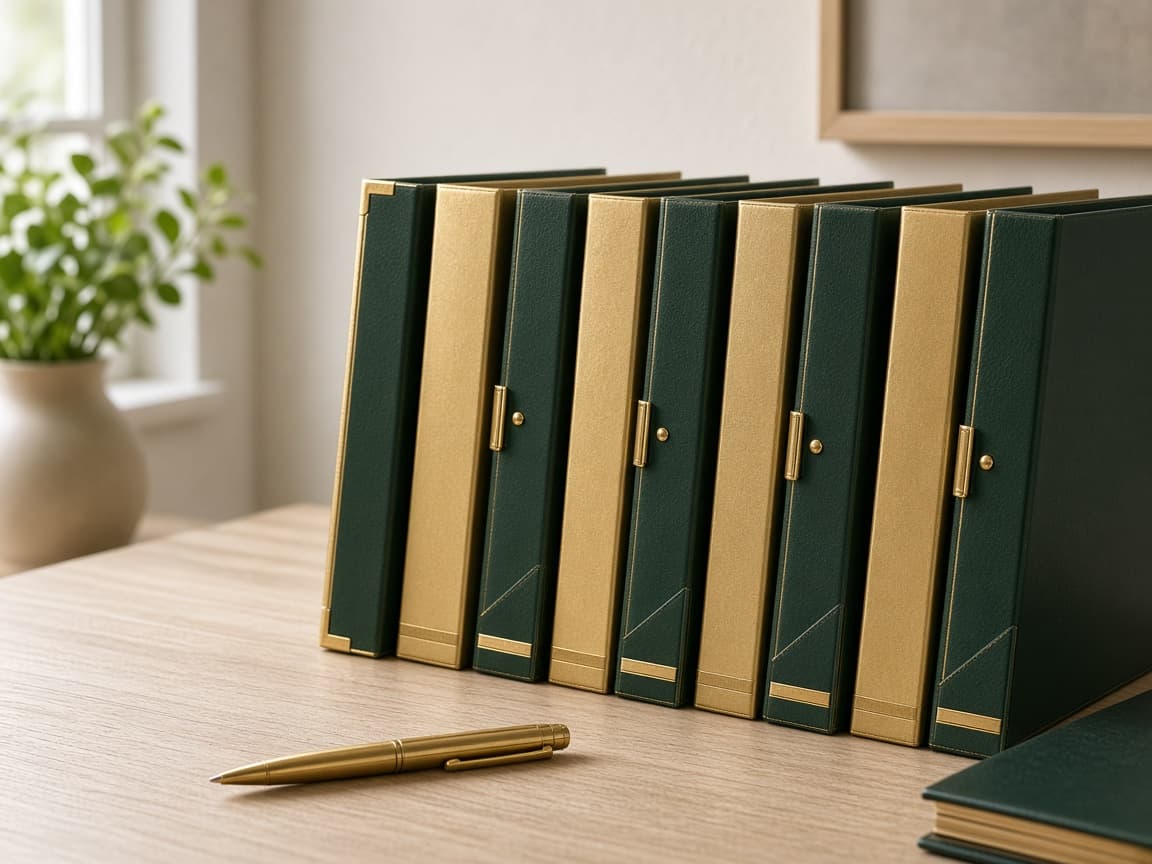 Green and gold folders on a desk, standing in for records you can read side by side.